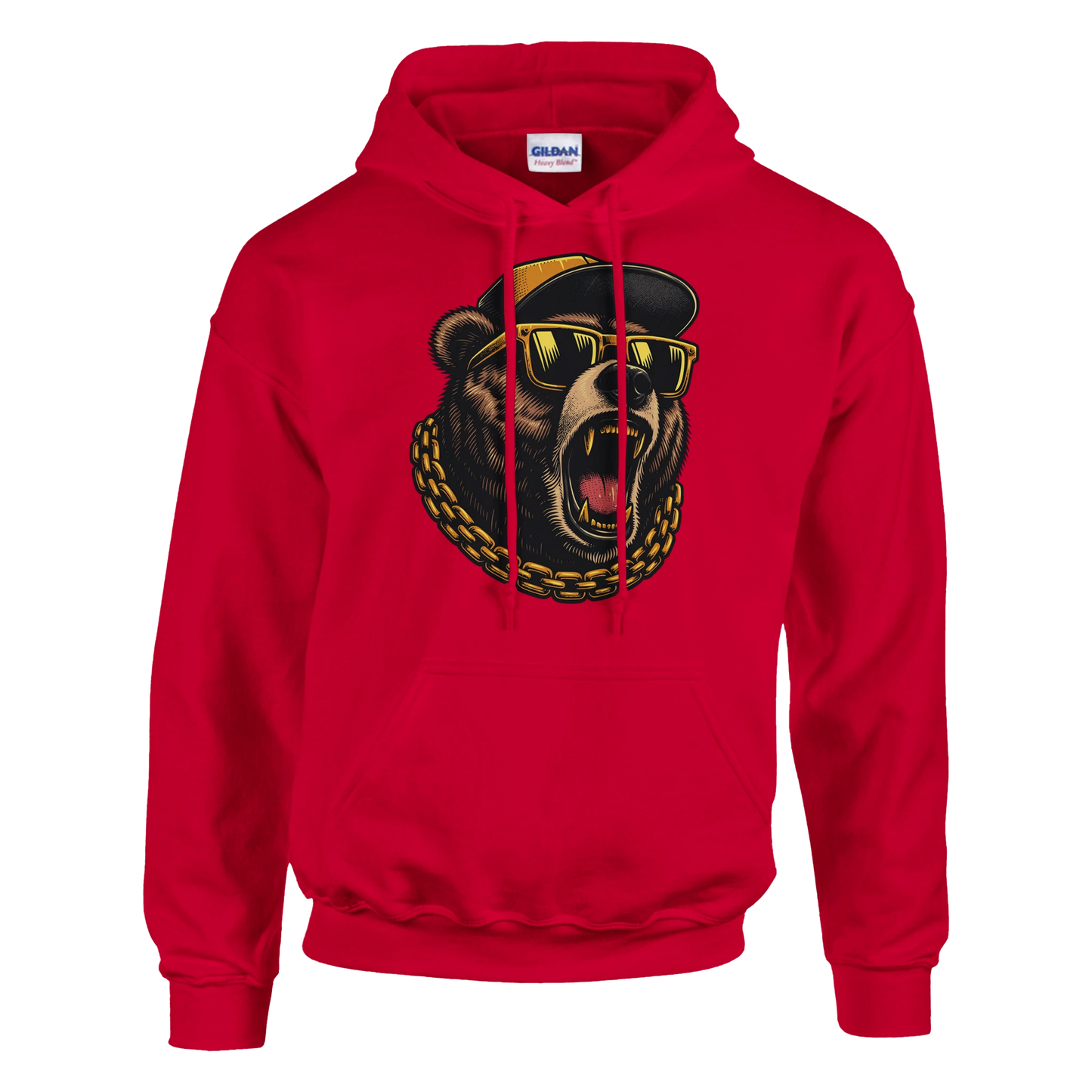 Red men's grizzly bear hoodie with a bear graphic wearing sunglasses and a cap on a white background
