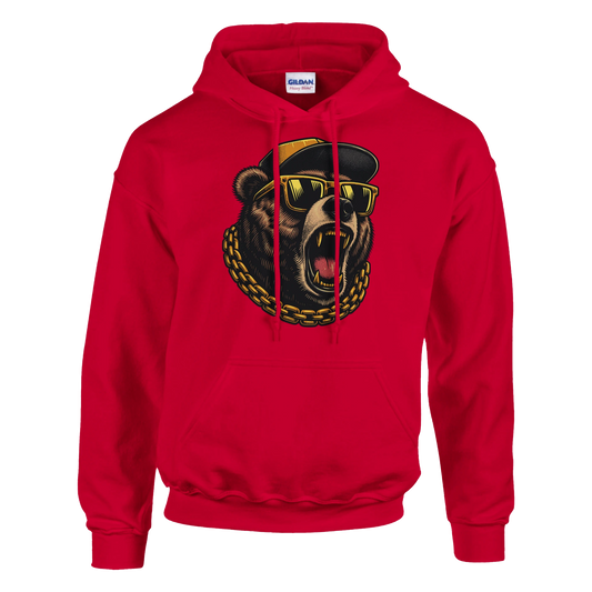 Red men's grizzly bear hoodie with a bear graphic wearing sunglasses and a cap on a white background