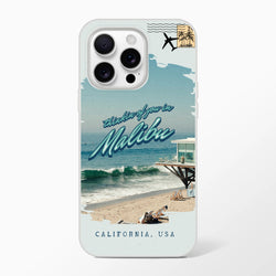 Vintage postcard-style iPhone case for iPhone 13–16 featuring Malibu Holiday beach scene with palm trees