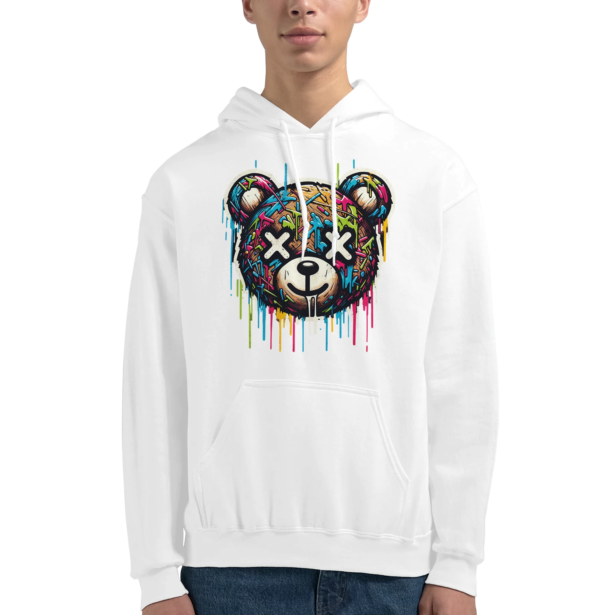 Men's white cotton-poly hoodie with a colorful graffiti teddy bear graphic on the front.