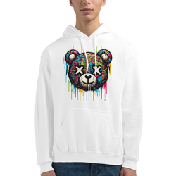 Men's white cotton-poly hoodie with a colorful graffiti teddy bear graphic on the front.
