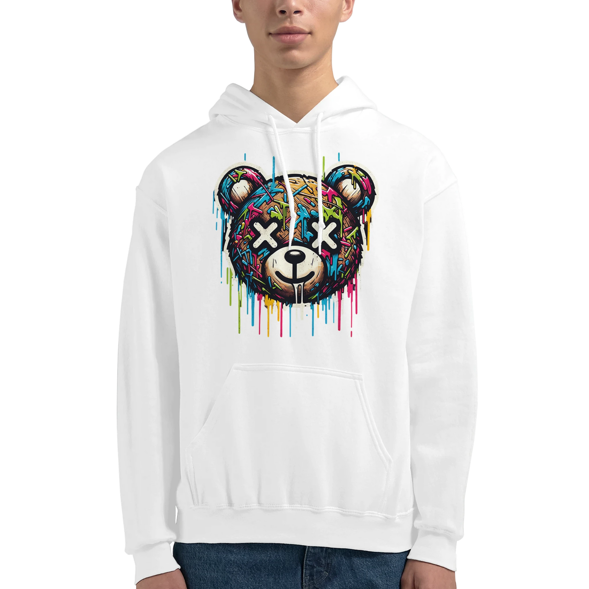 White men's teddy bear hoodie with a colorful bear graphic on a white background. 8