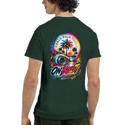 Dark green men's t-shirt featuring a colorful "On Boost" graphic with a turbocharger, palm trees, and retro sunset design on the back.