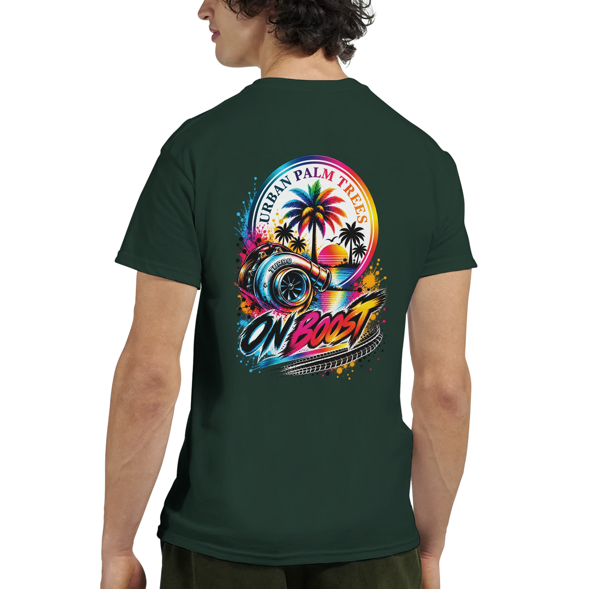 Dark green men's t-shirt featuring a colorful "On Boost" graphic with a turbocharger, palm trees, and retro sunset design on the back.