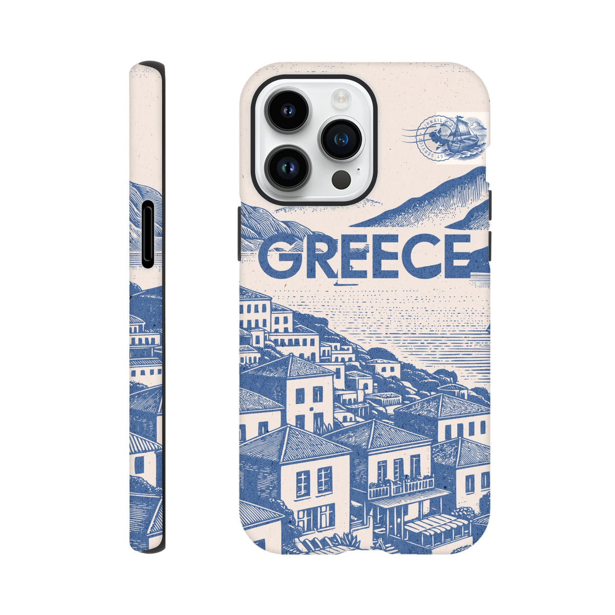 Vintage Greece tough iPhone case featuring a blue Mediterranean village illustration, airmail stamp, and bold text on a cream background.
