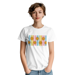 Woman wearing a white boho aesthetic tee with a retro rainbow sun graphic and vertical stripes.