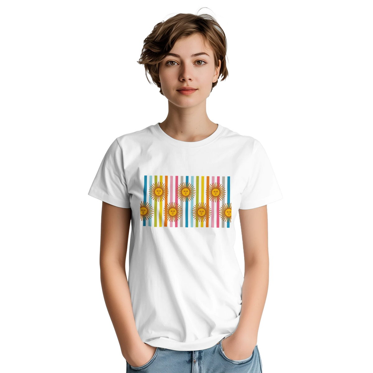 Woman wearing a white boho aesthetic tee with a retro rainbow sun graphic and vertical stripes.