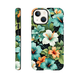 Tropical floral iPhone case featuring vibrant teal, white, and orange hibiscus flowers with lush green leaves on a dark background.