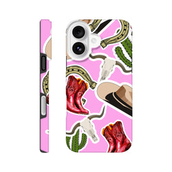 Pink Western iPhone case featuring red cowboy boots, cactus, horseshoe, and longhorn skull on a pink background for iPhone 13-16.
