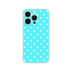 Retro aqua blue iPhone case with white polka dots. Slim TPU cover with matte finish and shock absorption for daily use.