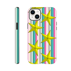 Retro yellow star iPhone case with colorful vertical stripes, featuring shock-absorbing TPU protection for daily use.