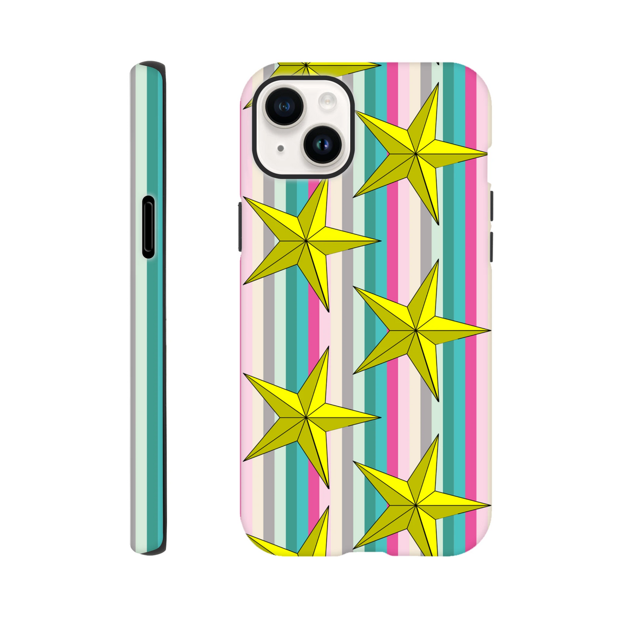 Retro yellow star iPhone case with colorful vertical stripes, featuring shock-absorbing TPU protection for daily use.