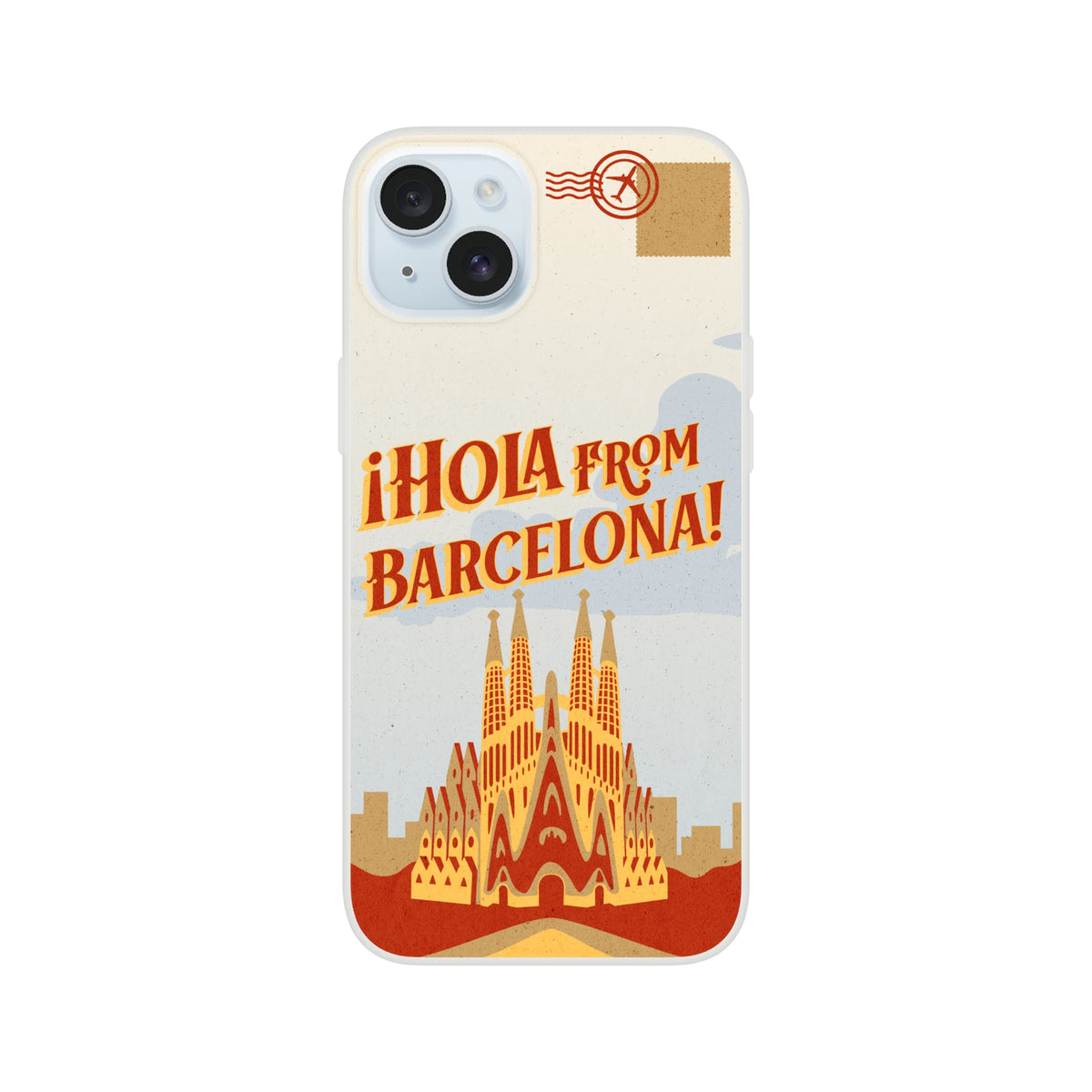 Vintage postcard iPhone case with Barcelona skyline and Hola from Barcelona; retro travel vibe, Flexi Case.