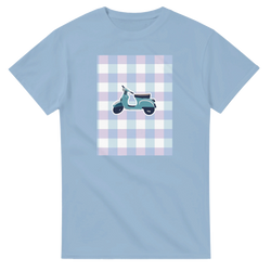 Light blue women's graphic tee featuring a retro teal scooter on a pastel gingham check background for cute streetwear vibes.