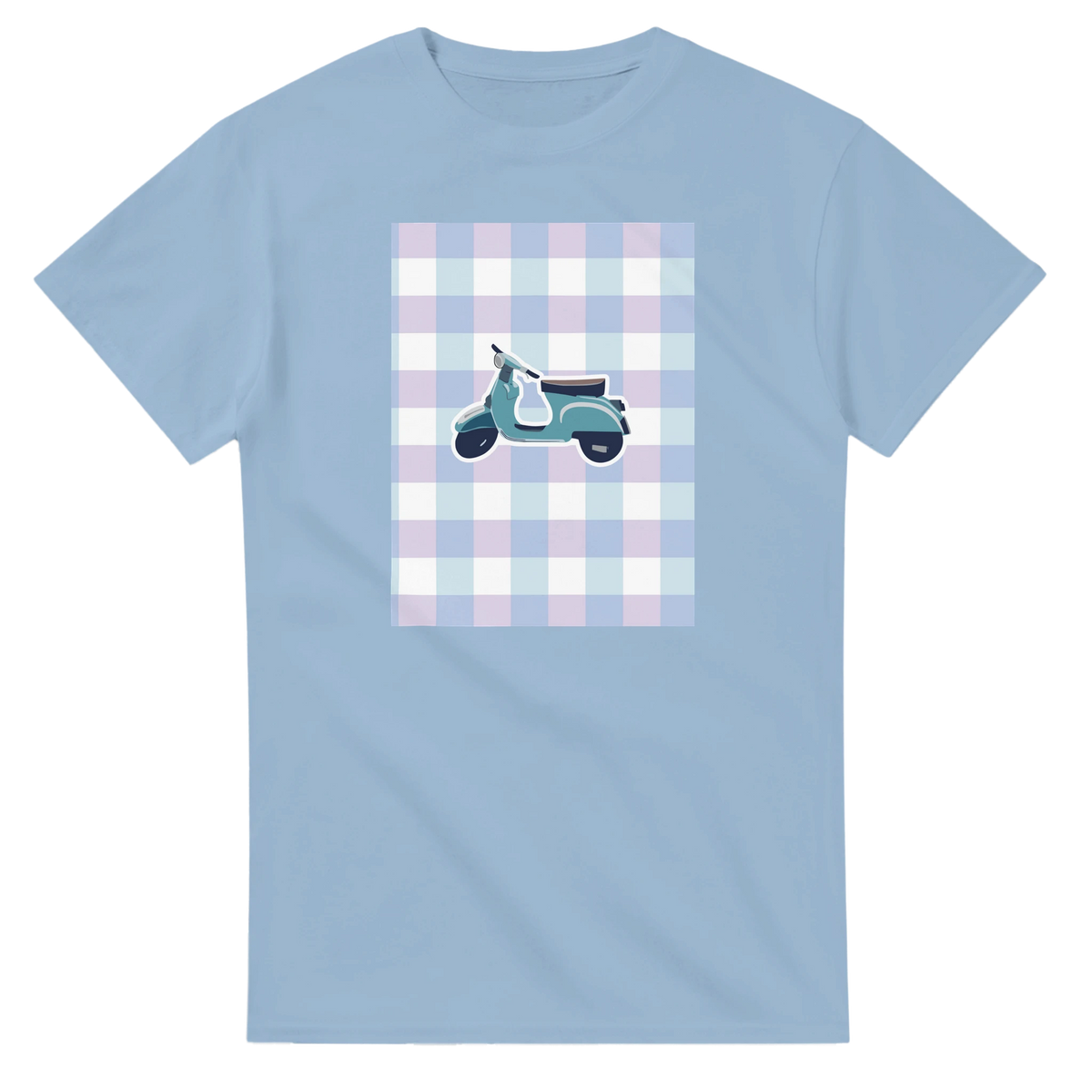 Light blue women's graphic tee featuring a retro teal scooter on a pastel gingham check background for cute streetwear vibes.