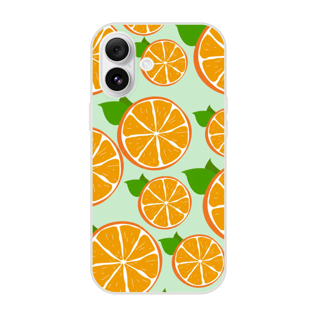 Cute orange citrus iPhone case with orange slice pattern on mint background and frosted matte finish.