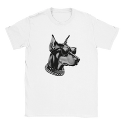 White T-shirt with gangster dog graphic: Doberman wearing sunglasses and a chunky chain collar.