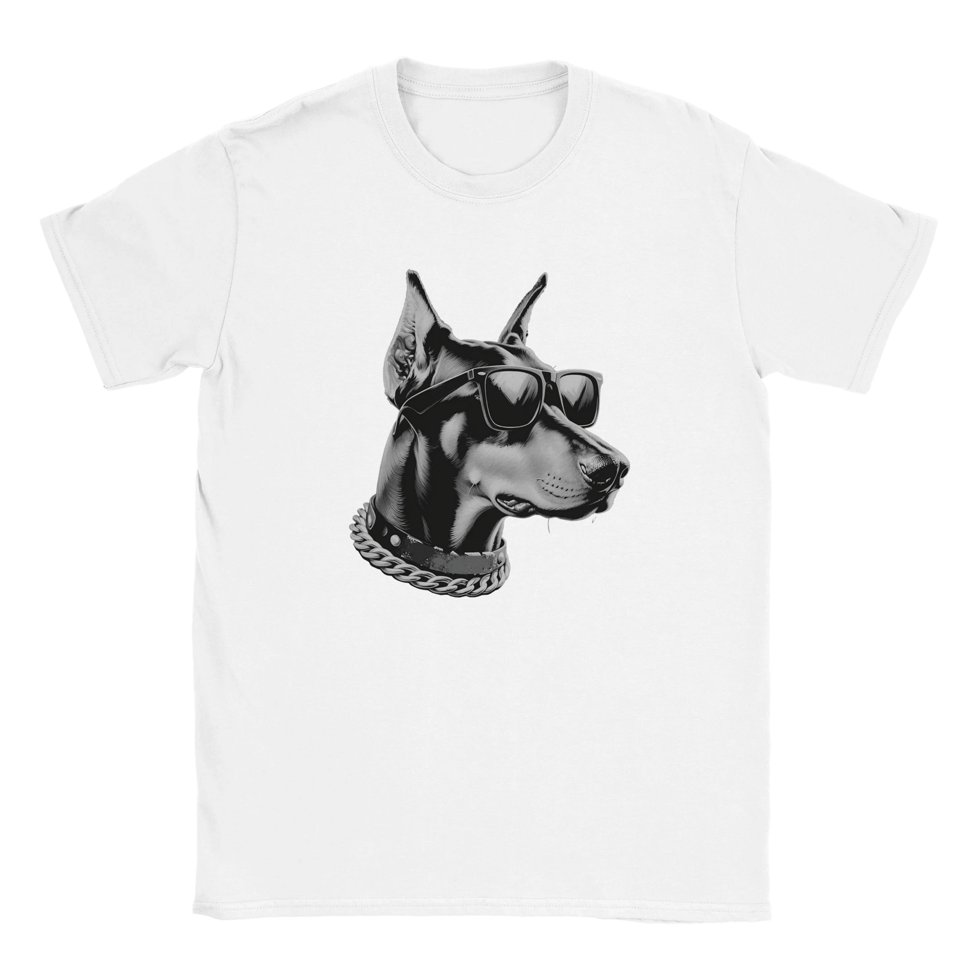 White T-shirt with gangster dog graphic: Doberman wearing sunglasses and a chunky chain collar.