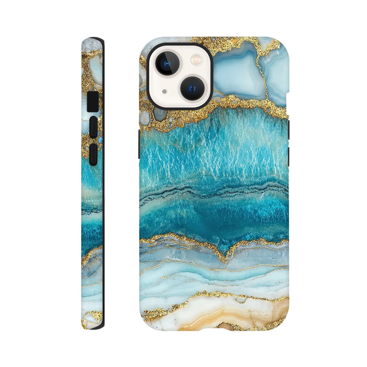 Teal and gold marble iPhone case with blue agate pattern. Tough protective cover for iPhone 13-16 models featuring street-ready edges.