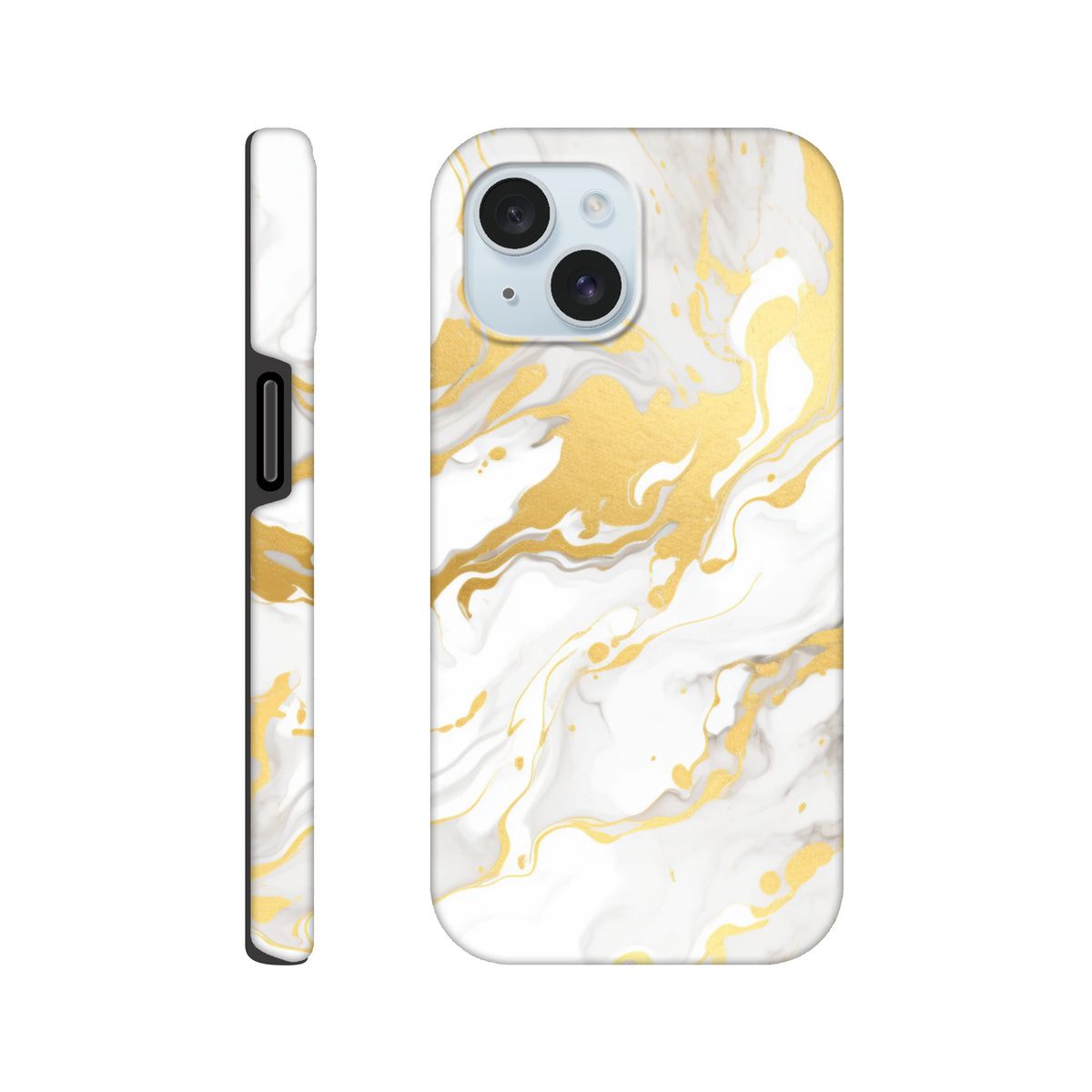Luxury white and gold marble iPhone case featuring an abstract paint pattern with a seamless wraparound design for upscale style.