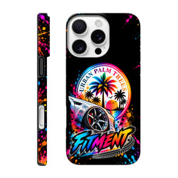 Fitment iPhone case featuring modified car art, Urban Palm Trees sunset graphic, and colorful paint splatter design.
