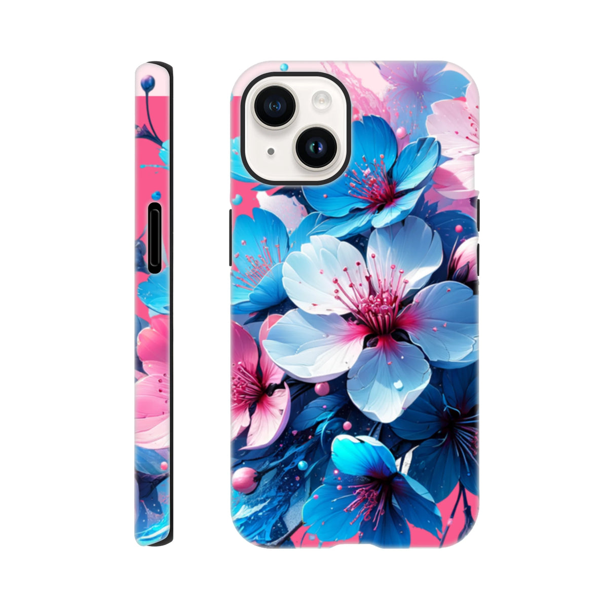 Vibrant blue and pink floral iPhone case design offering tough protection and bold streetwear style for daily commutes.