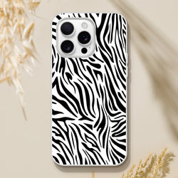 Black and white zebra print iPhone case for 13-16, bold Y2K animal aesthetic.