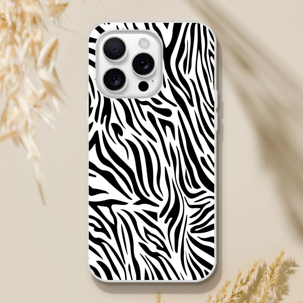 Black and white zebra print iPhone case for 13-16, bold Y2K animal aesthetic.