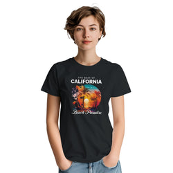 California Beach women's graphic T-shirt in black with sunset palm design and Beach Paradise script; sizes S-XL.