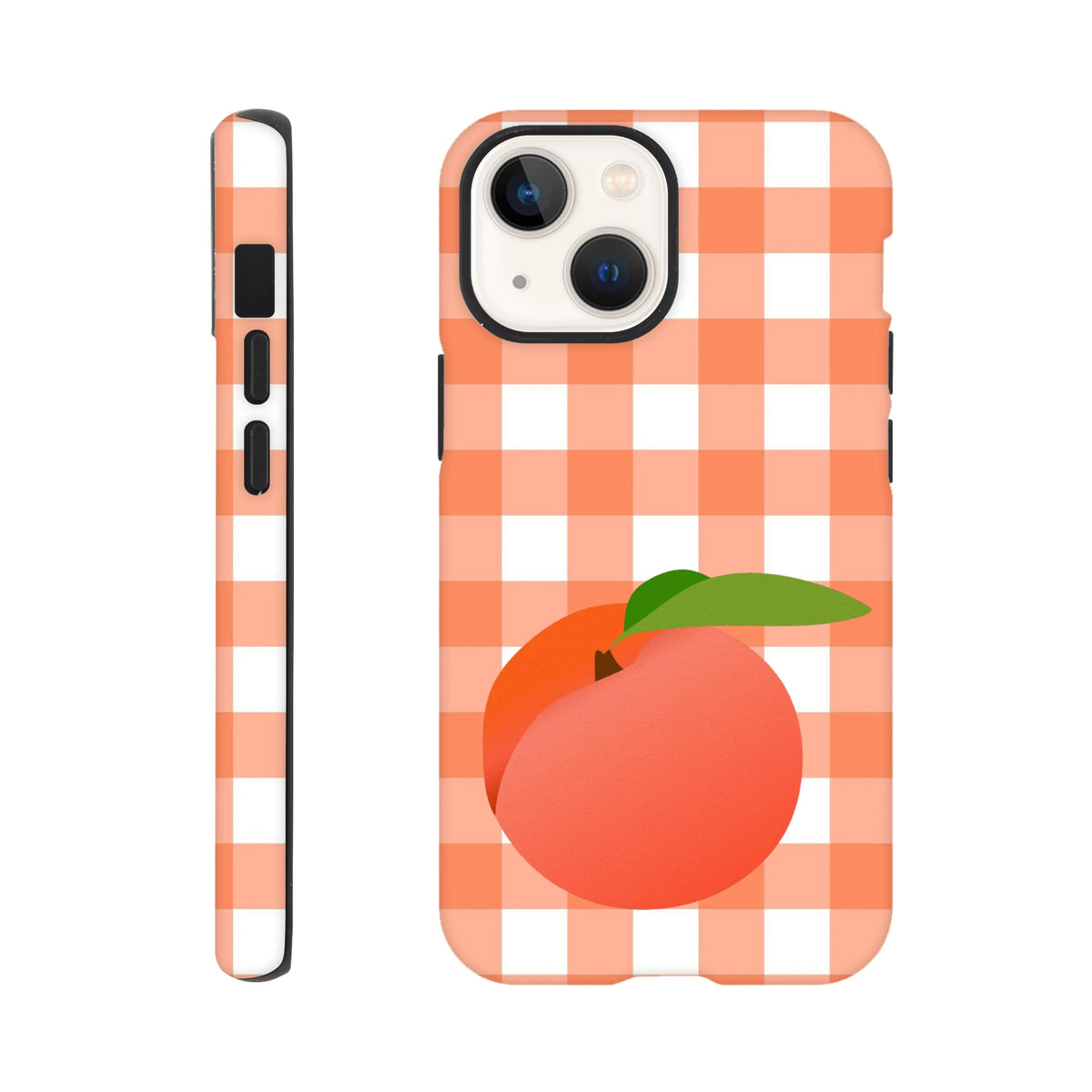 Peach fruit gingham iPhone case with retro orange and white checkered pattern and full wraparound design for iPhone 13-16.