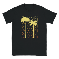 Black women's T-shirt featuring yellow palm trees and orange-yellow SUMMER typography with retro vibes.
