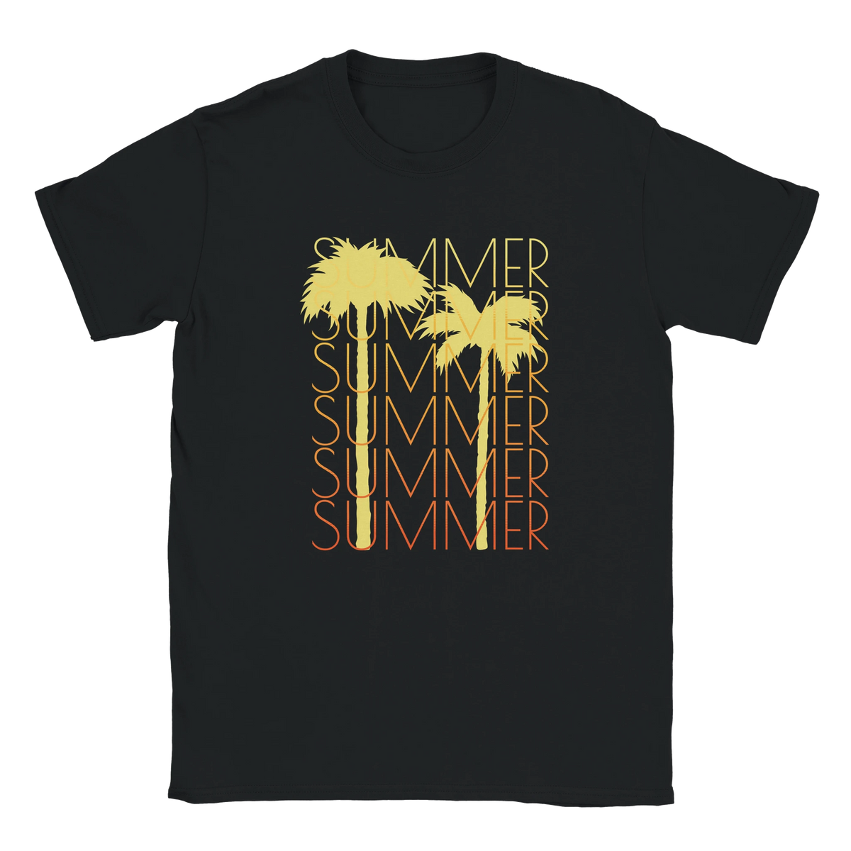Black women's T-shirt featuring yellow palm trees and orange-yellow SUMMER typography with retro vibes.