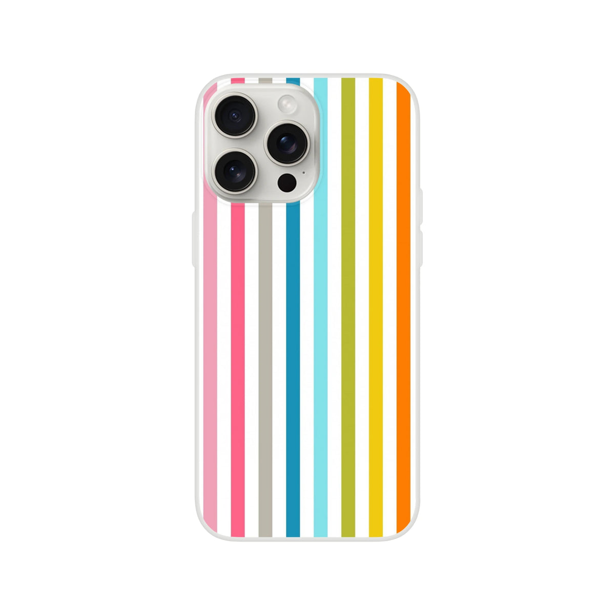 Pastel rainbow stripe iPhone case for 13-16, a colorful retro phone cover with a frosty transparent shell.