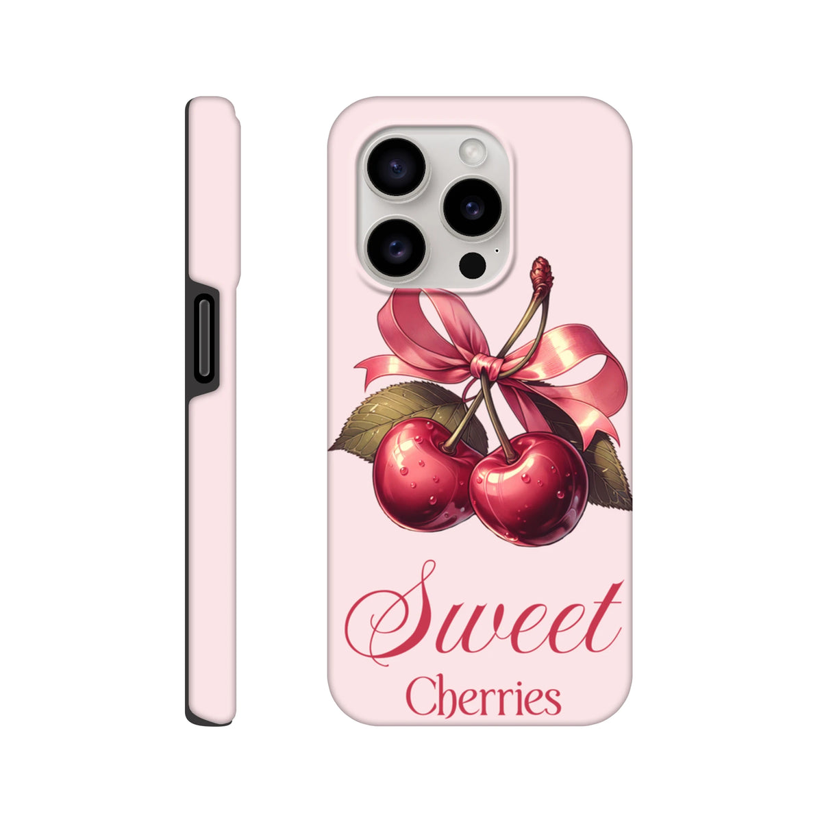 Pink iPhone case featuring retro red cherries tied with a vintage pink bow and Sweet Cherries script text.