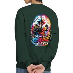 Dark green Redline Car Sweatshirt back featuring retro speedometer, "Urban Palm Trees" graphic, and colorful racing art.
