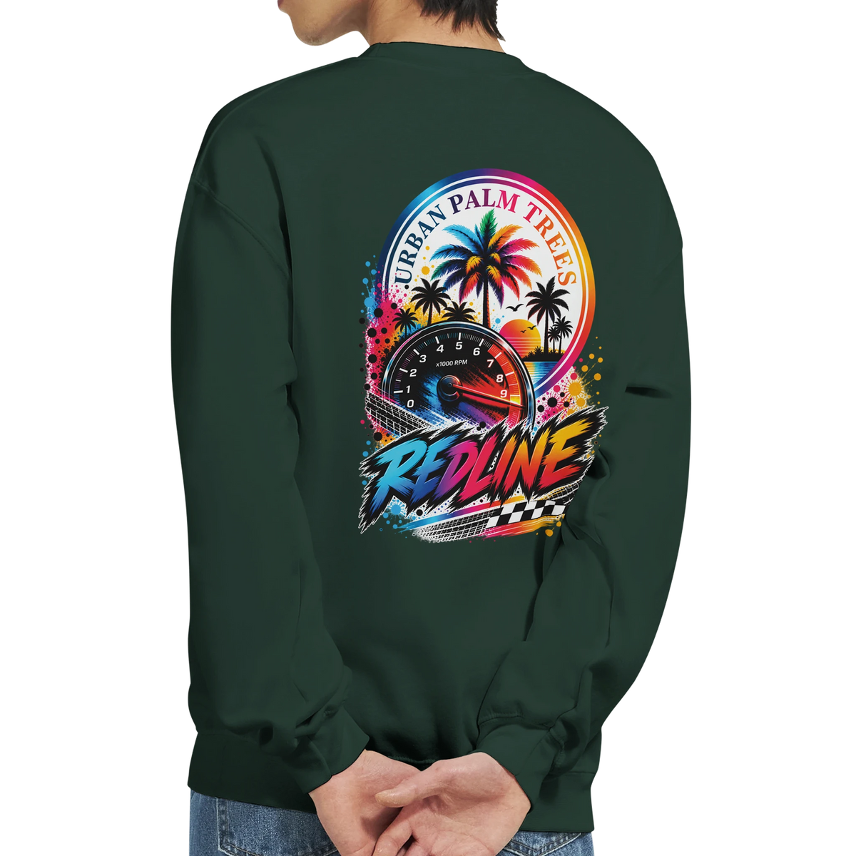 Dark green Redline Car Sweatshirt back featuring retro speedometer, "Urban Palm Trees" graphic, and colorful racing art.