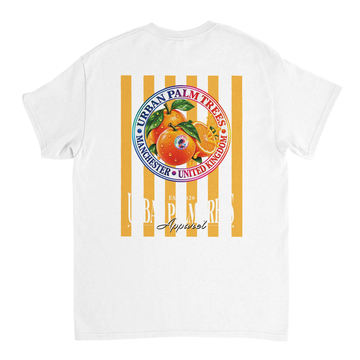 White t-shirt back view featuring retro striped fruit graphic with realistic oranges and Urban Palm Trees text design.