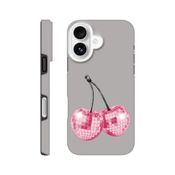 Grey iPhone case featuring pink glitter disco ball cherry design for iPhone 13 to 16 models.