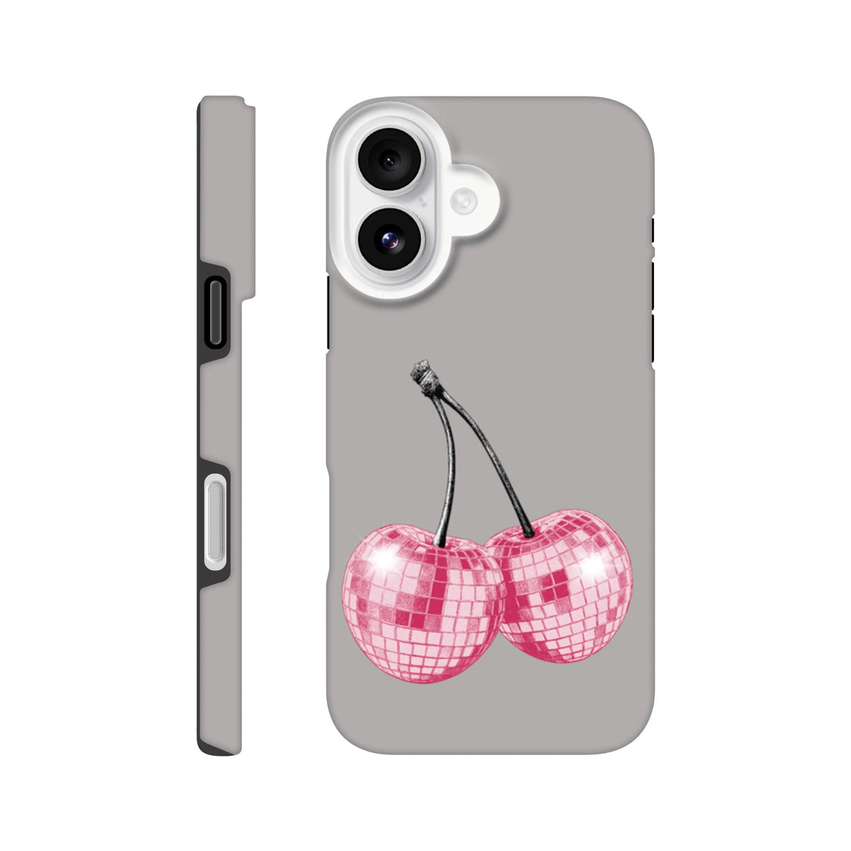 Grey iPhone case featuring pink glitter disco ball cherry design for iPhone 13 to 16 models.