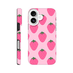 Pink tough iPhone case featuring a cute repeating strawberry pattern with green leaves and high-gloss finish for reliable defense.
