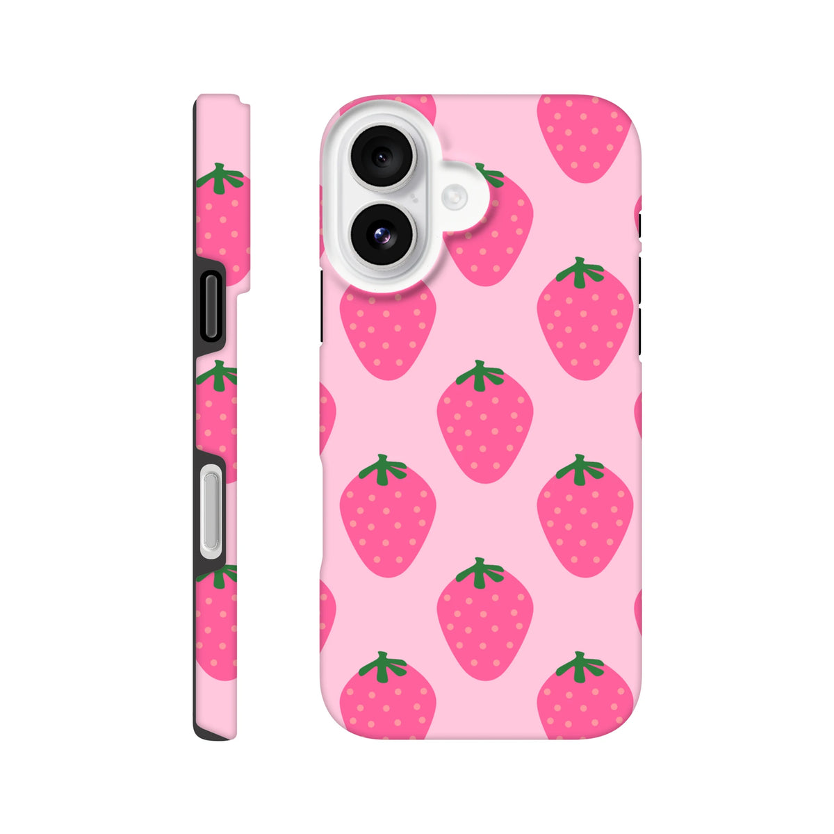 Pink tough iPhone case featuring a cute repeating strawberry pattern with green leaves and high-gloss finish for reliable defense.