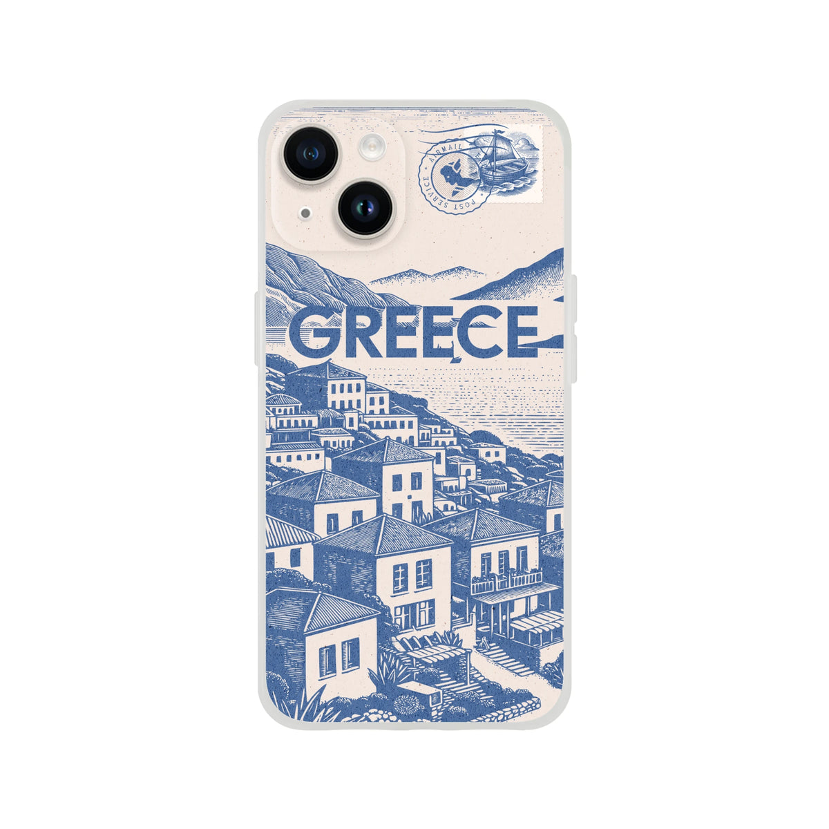 Vintage Greece postcard iPhone case with blue stamp and coastal town illustration.