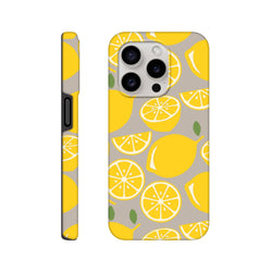 Cute yellow lemon pattern tough iPhone case on grey background. Durable citrus phone cover with drop guard for street style.