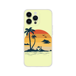 Retro Beach iPhone Case 13-16 with cute palm trees and a sunset on a yellow background