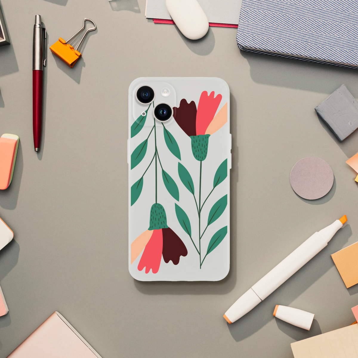 Floral iPhone 13-16 case: transparent slim protective cover with green leaves and pink flowers.