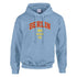 Blue Berlin graphic women's hoodie with red and yellow lettering, soft cotton blend and front pocket.