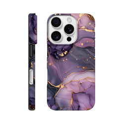 Purple and gold marble iPhone case with luxury abstract design and gold veining. Tough, wraparound cover for iPhone 13-16.