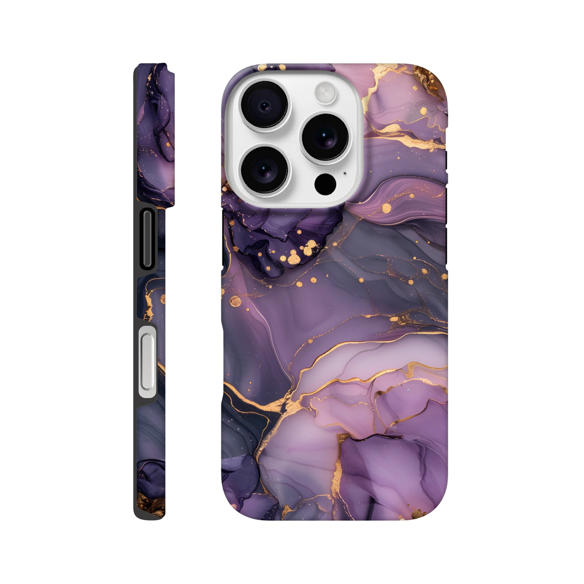 Purple and gold marble iPhone case with luxury abstract design and gold veining. Tough, wraparound cover for iPhone 13-16.