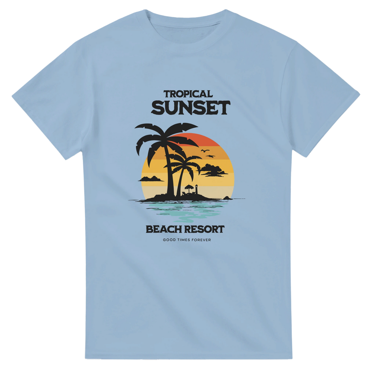 Retro tropical sunset t-shirt featuring palm trees, island lighthouse, and Beach Resort text in vintage coastal graphic design.