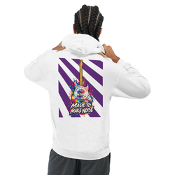 White hoodie featuring a colorful electric guitar back print with purple stripes and "Made To Make Noise" text on the rear.